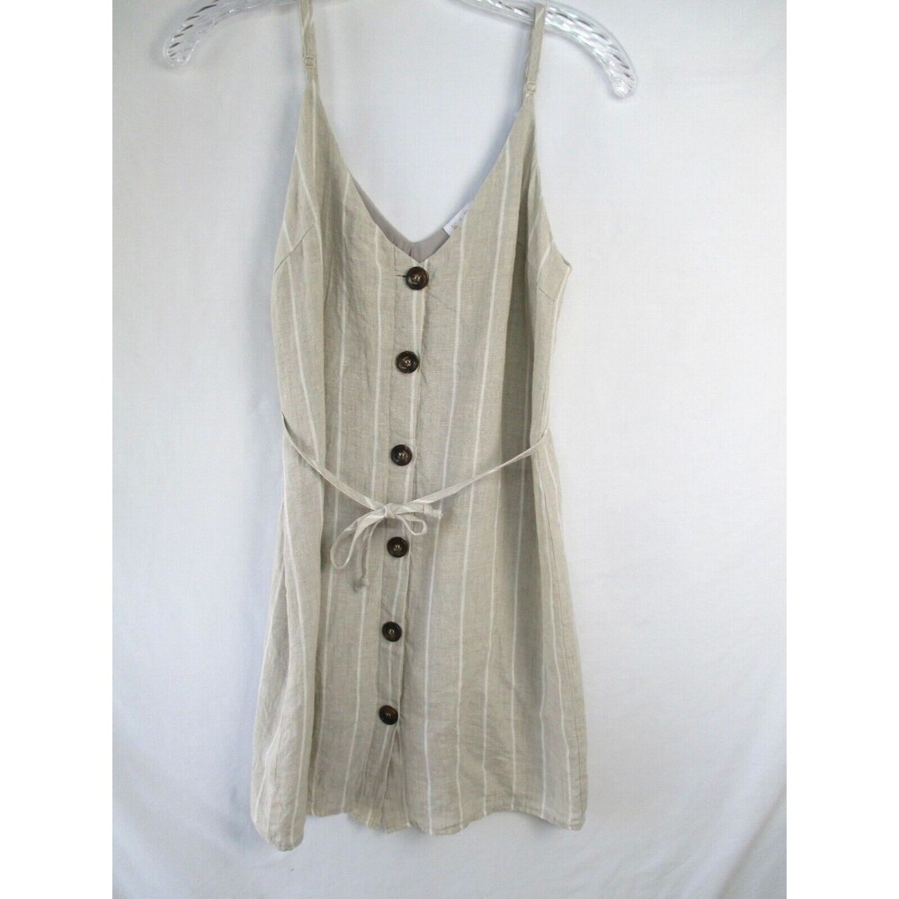 Karlie Womens Dress Small Linen Sundress Beige Striped Straps Coastal Boho Beach